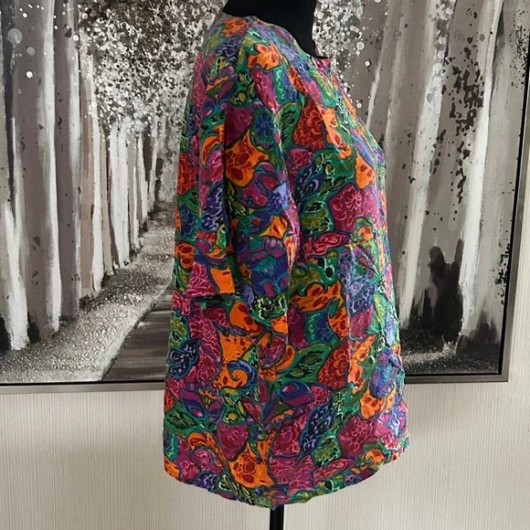 Marguerite LI Womens Multicolor 100% Silk Short Sleeve Crew Neck Blouse - Large - Picture 4 of 7